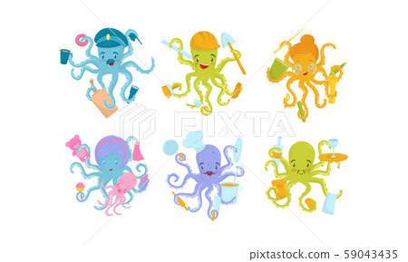 Six Octopuses Engaging in Different Occupations Holding Different Objects and Doing Many Things 59043435