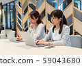 Two young women working dissatisfied towards a personal computer 59043680