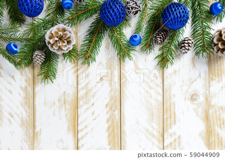 Christmas decorations, blue balls and pine cones 59044909