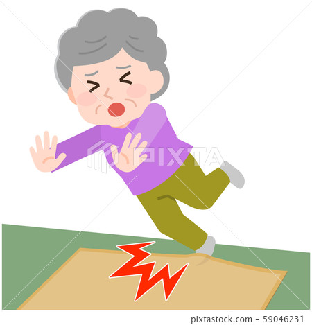 An elderly woman, a family accident, being caught on a carpet and injured illustration 59046231