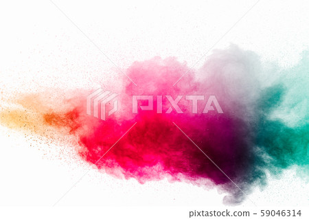 Abstract multicolored powder explosion on white background.Colorful dust explode. Painted Holi powder. 59046314