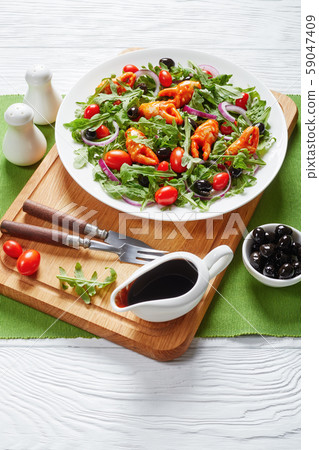 close-up of arugula crab clamps salad, top view close-up of arugula crab clamps salad, top view 59047409