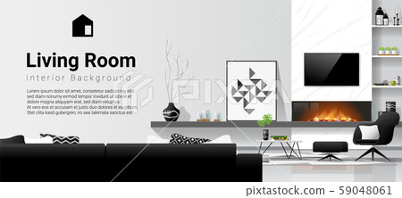 Modern living room interior background with fireplace and furniture in black and white theme 59048061