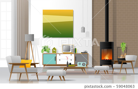 Living Room Interior Background With Fireplace Stock