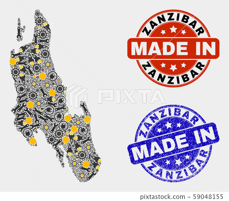 Mosaic Zanzibar Island Map of Service Items and Made In Grunge Stamp 59048155