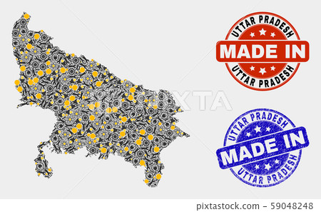 Mosaic Uttar Pradesh State Map of Production Elements and Made In Grunge Stamp 59048248