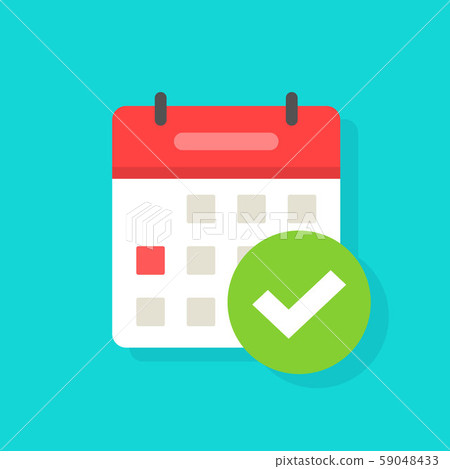 Calendar with checkmark or tick icon vector, flat cartoon event reminder with check mark as approved 59048433