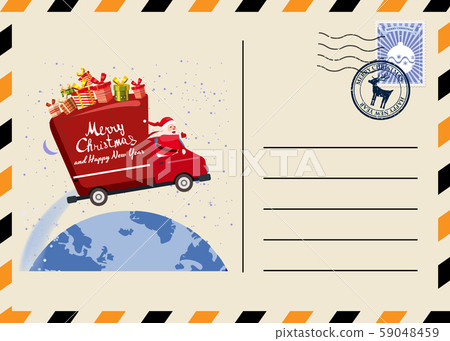 Christmas and New Year Postcard with stamps and mark. Van flies through the night sky above the Christmas and New Year Postcard with stamps and mark. Van flies through the night sky above the 59048459