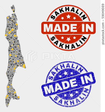 Mosaic Sakhalin Island Map of Service Elements and Made In Grunge Seal Mosaic Sakhalin Island Map of Service Elements and Made In Grunge Seal 59049089