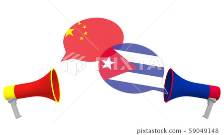 Flags of Cuba and China on speech bubbles with loudspeakers. Intercultural dialogue or international Flags of Cuba and China on speech bubbles with loudspeakers. Intercultural dialogue or international 59049148