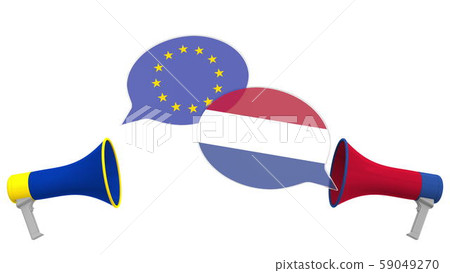 Flags of Netherlands and the European Union on speech bubbles with loudspeakers. Intercultural 59049270