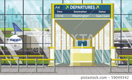 Airport departure board with Washington caption. Travel in the United States related cartoon 59049342