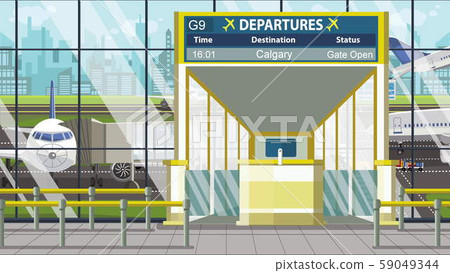 Airport terminal. Departure board above the gate with Calgary text. Travel to Canada cartoon Airport terminal. Departure board above the gate with Calgary text. Travel to Canada cartoon 59049344