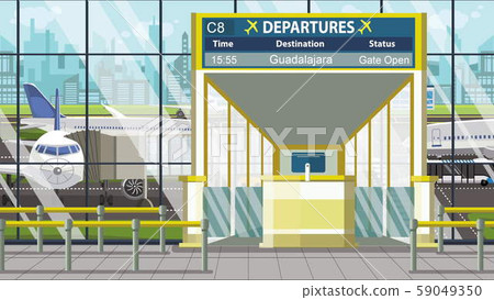 Flight to Guadalajara on airport departure board. Trip to Mexico cartoon illustration Flight to Guadalajara on airport departure board. Trip to Mexico cartoon illustration 59049350