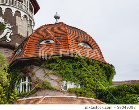 Tiled roof of Water tower and the adjoining rotundal building of the water-and-mud baths. It wa built in Rauschen, now Svetlogorsk. 59049398