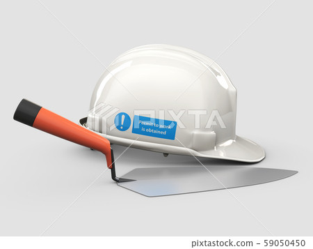 3d Illustration of Realistic Trowel and Helmet isolated on gray background 59050450