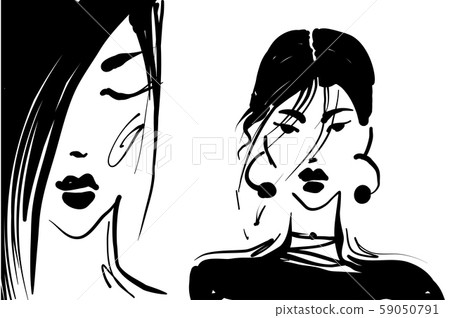 Two vector girls portraits fashion illustration in black and white 59050791