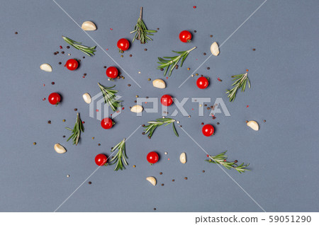 Vegetables and herbs pattern isolated on gray top view Vegetables and herbs pattern isolated on gray top view 59051290