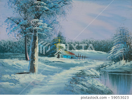 Snow-covered winter landscape with river and Snow-covered winter landscape with river and 59053023