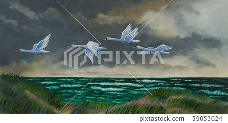 Four migratory birds fly on the coast above the Four migratory birds fly on the coast above the 59053024