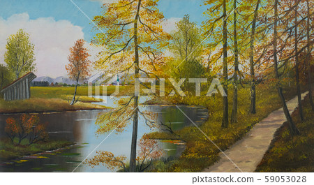 Walkway at the lake with barn and village in the Walkway at the lake with barn and village in the 59053028