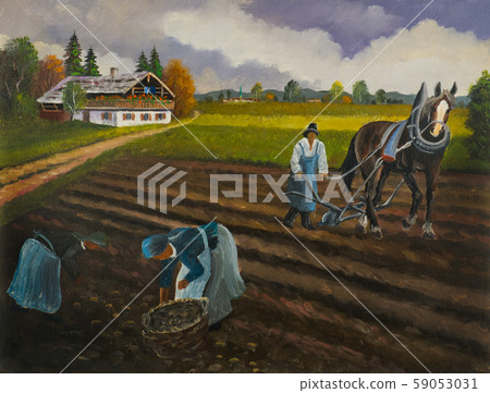 Farmer with horse at work in a field Farmer with horse at work in a field 59053031