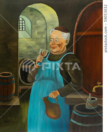 A Franciscan drinks a glass of wine in the cellar A Franciscan drinks a glass of wine in the cellar 59053032