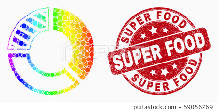 Vector Rainbow Colored Dot Pie Chart Icon and Distress Super Food Stamp Seal 59056769