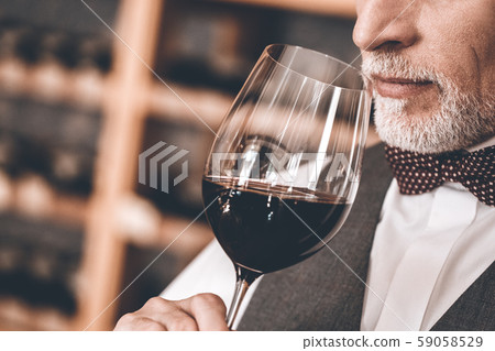 Sommelier Concept. Senior man standing holding glass smelling wine close-up 59058529