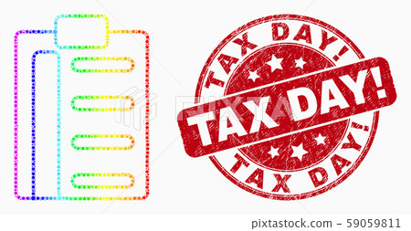 Vector Rainbow Colored Dot Pad List Items Icon and Grunge Tax Day Exclamation Watermark 59059811