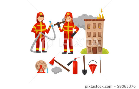 Firefighters, tools and a burning house. Vector illustration. Firefighters, tools and a burning house. Vector illustration. 59063376
