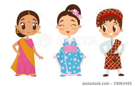 Big Eyed Kids Characters Wearing Traditional Costumes Vector Set 59063495