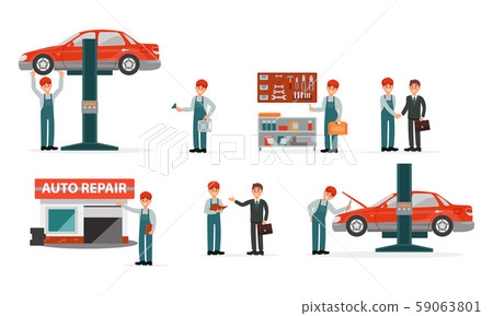 Auto Repair Service Center Vector Illustrations Set. Tire Servicing Person Working 59063801