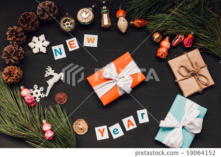 Christmas new year tree gifts postcard winter holidays holiday background Christmas new year tree gifts postcard winter holidays holiday background 59064152