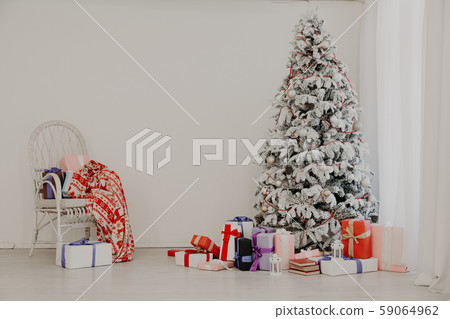 White Christmas tree with gifts Garland lights new year winter holiday White Christmas tree with gifts Garland lights new year winter holiday 59064962