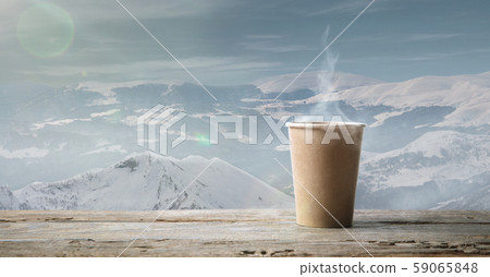 Single tea or coffee mug and landscape of mountains on background 59065848