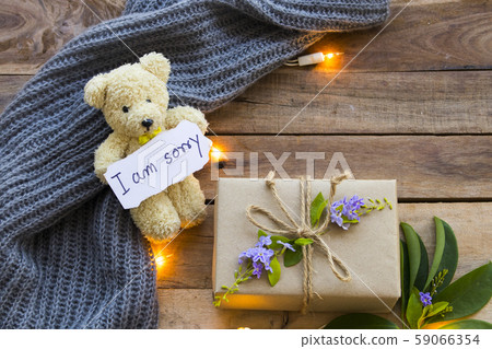 i am sorry message card handwriting with gift box , light ,teddy bear and knitting wool scarf in winter  59066354