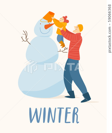 Winter poster with father and daughter making a snowman. Winter poster with father and daughter making a snowman. 59066368