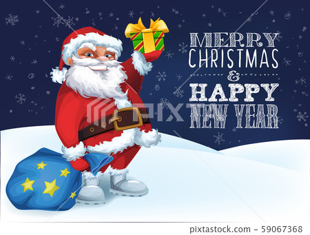 Merry Christmas card with Funny Santa with gifts in night mood 59067368