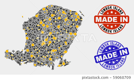 Mosaic Lombok Island Map of Industrial Items and Made In Grunge Stamp 59068709
