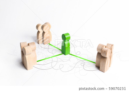 The green figure of a mediator connects three groups of people. Mediation Service. Establishing contact and dialogue, increasing mutual understanding and the effectiveness of the negotiation process. 59070231