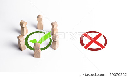 A group of people surrounded a green checkmark, ignoring the red X. The right collective choice, smart strategy and foresight. Professionalism, cooperation and collaboration. Public approval. 59070232