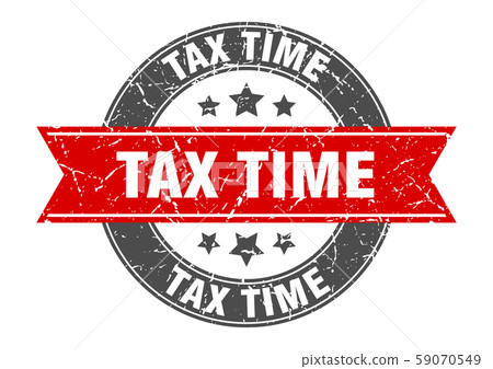 tax time round stamp with red ribbon. tax time tax time round stamp with red ribbon. tax time 59070549