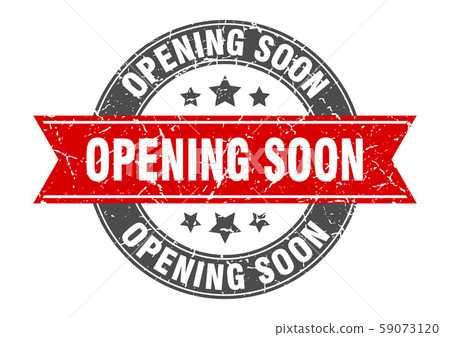 opening soon round stamp with red ribbon. opening 59073120