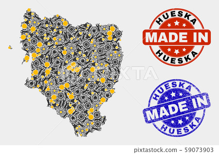 Mosaic Hueska Province Map of Industrial Items and Made In Grunge Seal Mosaic Hueska Province Map of Industrial Items and Made In Grunge Seal 59073903