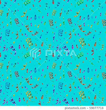 Bright colorful confetti and serpentine on blue background, anniversary party seamless pattern 59077718
