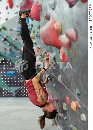 Young skilled sportswoman hanging upside down along climbing wall Young skilled sportswoman hanging upside down along climbing wall 59077989
