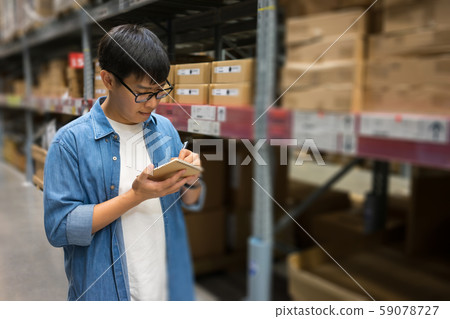 Portrait Asian men, staff, product counting Portrait Asian men, staff, product counting 59078727