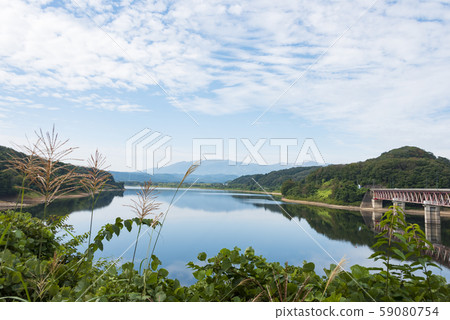 Lake Kamafusa Zao mountain range, mountain range, water surface reflection Lake Kamafusa Zao mountain range, mountain range, water surface reflection 59080754