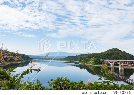 Lake Kamafusa Zao mountain range, mountain range, water surface reflection Lake Kamafusa Zao mountain range, mountain range, water surface reflection 59080756